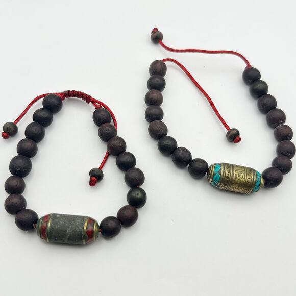 Tibetan Prayer Bead Bracelets Set of 2 Casual Boho Jewlery Brown Brass Red Blue - Picture 7 of 8